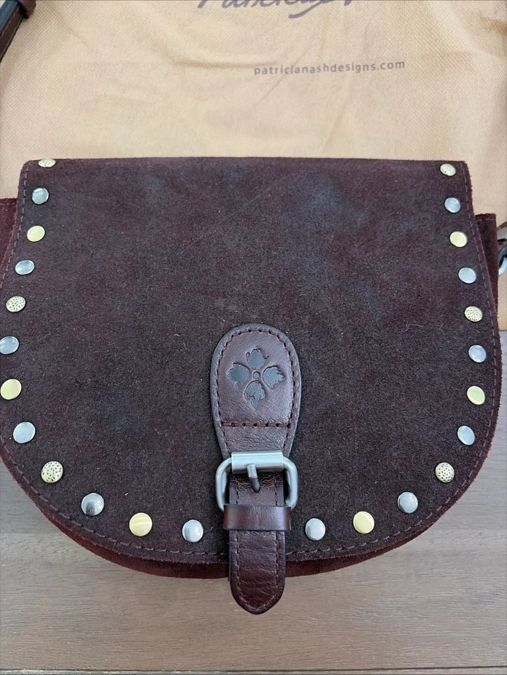 Patricia Nash Isola whiskey Suede Studded Crossbody Bag